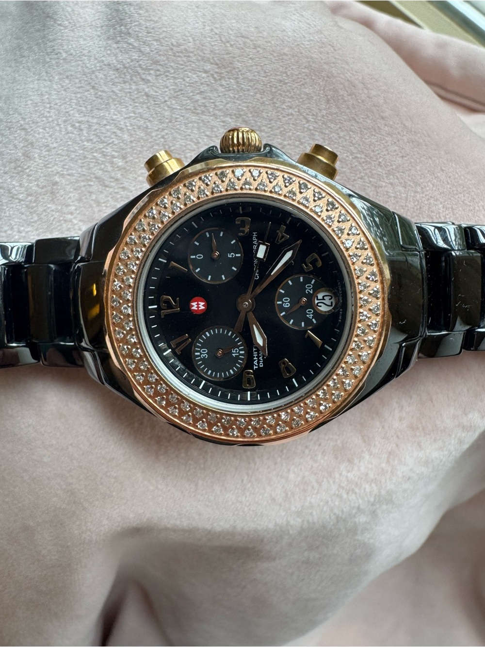 Michele Black and Rose Gold Women's Diamond Bezel Chronograph Watch